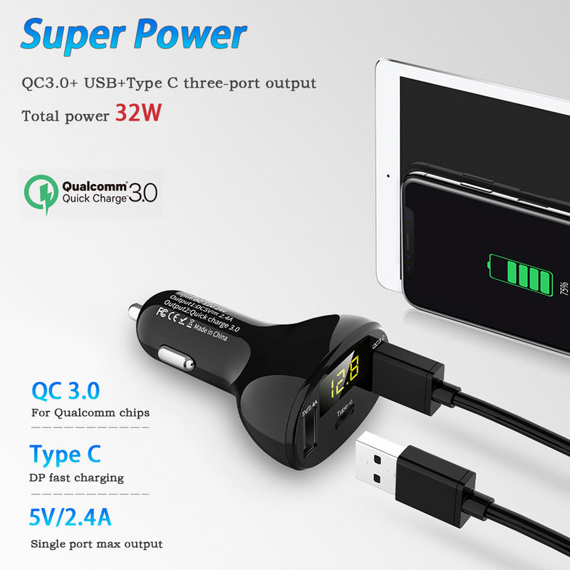 Brichetă dublă USB pentru mașină, tip C, QC 3.0, încărcător, 5 V, adaptor pentru afișaj LED, Splitter, priză de încărcare automată, accesorii electronice