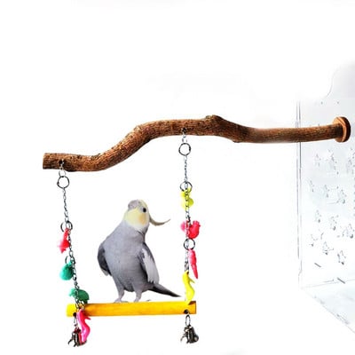 Leagăn de biban pentru papagal Leagăn din cușcă de păsări din lemn, cu suport pentru calopote, jucărie suspendată pentru păsări, jucărie de mestecat pentru papagal, accesorii pentru păsări