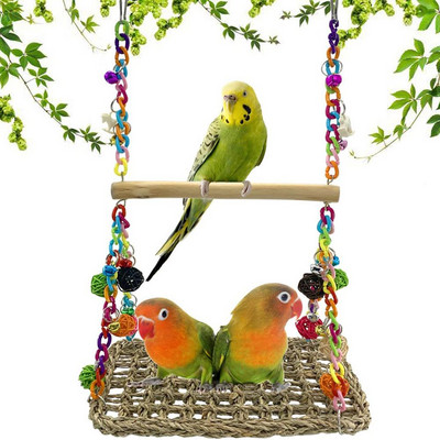 Bird Seagrass Swing Toys with Wood Perch Bird Parrot Trapeze Swing Seagrass Bird Climbing Hammock Bird Perch Stand Chewing Toy