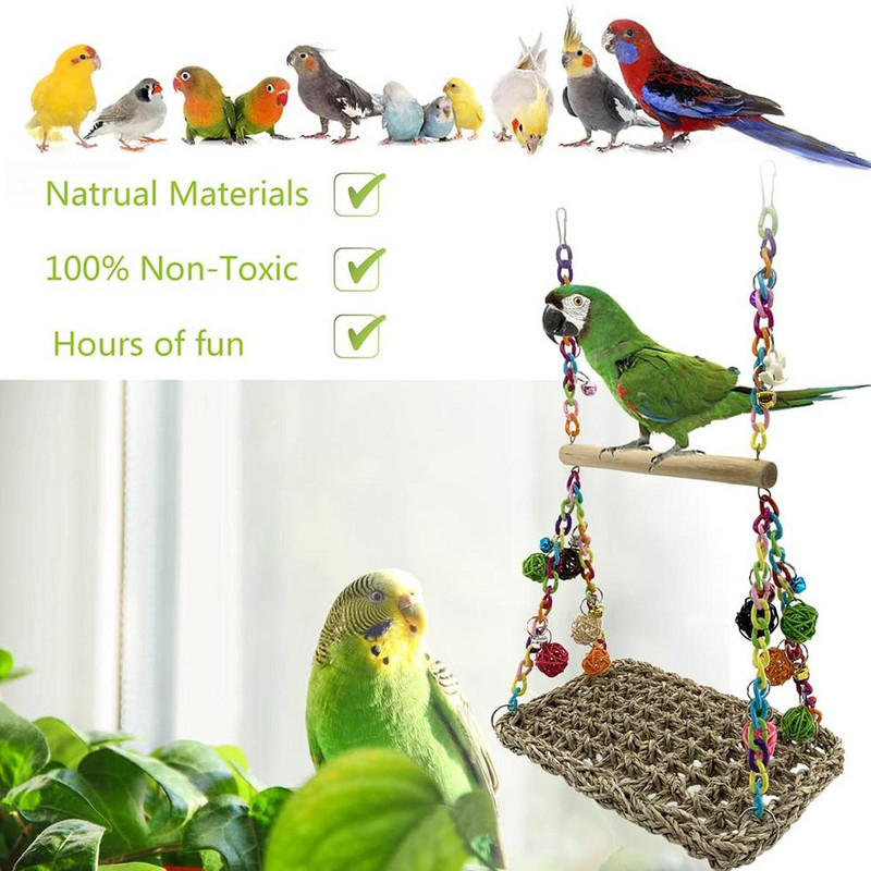 Jucării pentru leagăn din iarbă de mare cu leagăn de lemn, păsări, papagal, leagăn trapez, iarbă de mare, hamac pentru cățărare, suport de biban pentru pasăre, jucărie de mestecat