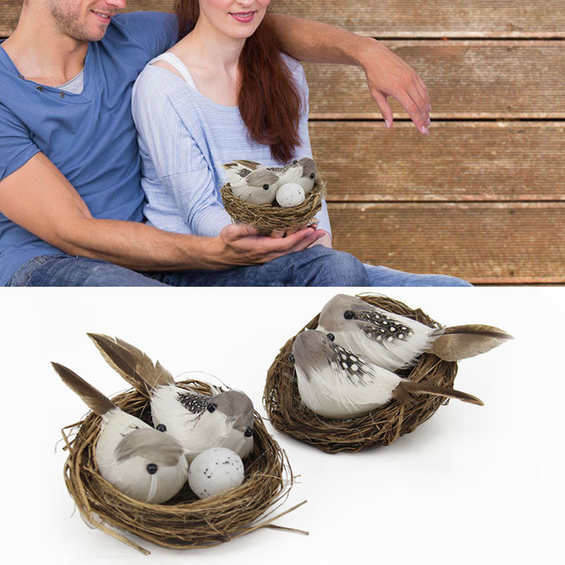 1 set Cuib de pasăre realizat manual cu pene artificiale Costum creativ de ouă de pasăre Păsări Decorare de grădină Recuzită de fundal Păsări realiste