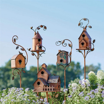 Bird House with Pole Metal Bird Feeders Garden Stakes Art Bird Houses for Courtyard Backyard Patio Outdoor Garden Decoration