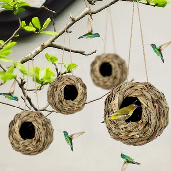 Птиче гнездо от естествена тръстикова трева Сферична колибри Къщичка за птици за външна висяща трева Ръчно изплетена колиба за птици за декорация на двор