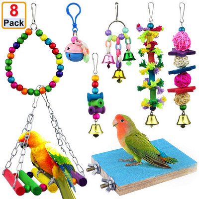 Parrot Swing Toys Висяща камбана Клетка Хамак Играчка за дъвчеща птица Малки папагали Cockatiels Conures Parrots Love Birds 8Pcs