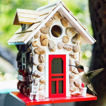 Stone Cottage Bird House Resin Bird Feeder With Roof Country Bird Cottages Nest For Indoor Outdoor Tree Decorations Garden
