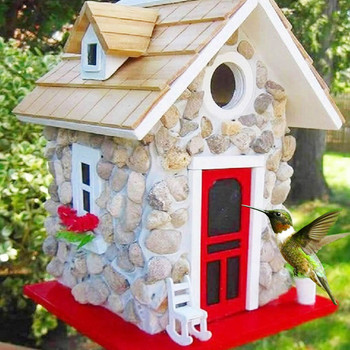 Каменна къщичка за птици Хранилка за птици от смола с покрив Селски къщички за птици Гнездо за вътрешни външни декорации на дървета Градина