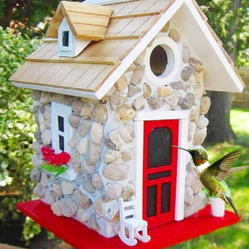 Stone Cottage Bird House Resin Bird Feeder With Roof Country Bird Cottages Nest For Indoor Outdoor Tree Decorations Garden