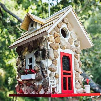 Stone Cottage Bird House Resin Bird Feeder With Roof Country Bird Cottages Nest For Indoor Outdoor Tree Decorations Garden