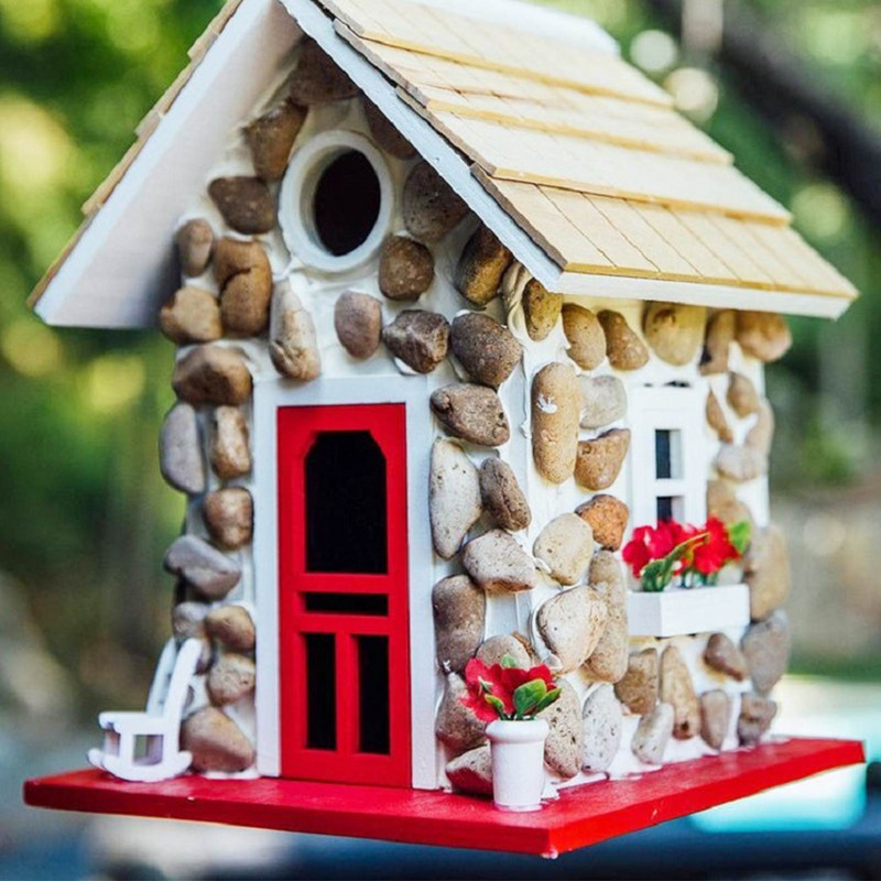 Căsuță de piatră Casă de păsări Hrănitor de păsări din rășină cu acoperiș Casă de păsări de țară cuib pentru decorațiuni de copaci de interior în aer liber grădină