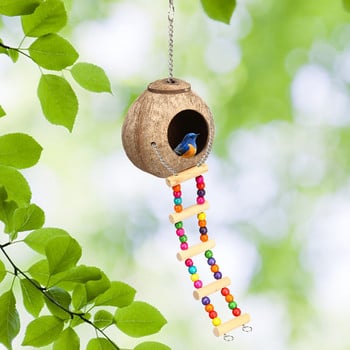 Coconut Hide Bird Nest Bird House with Climbing Ladder Natural Hideaway for Parrot Parakeet Lovebird Canary Pigeon Pet Bird