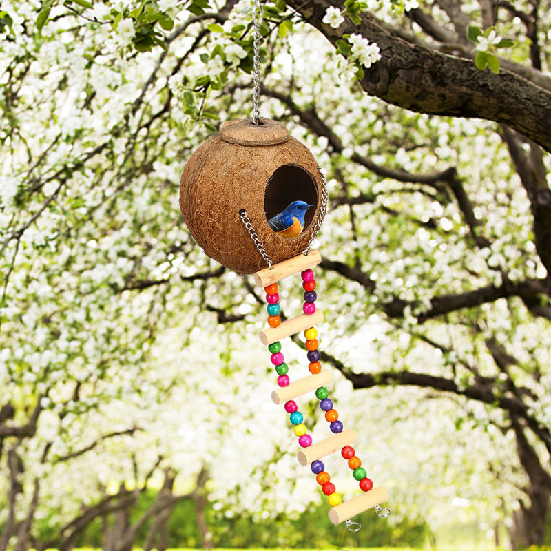 Cuib de păsări din piele de cocos Casă de păsări cu scară de cățărat Ascunzătoare naturală pentru papagal papagal păsări iubitoare porumbel canar pasăre de companie