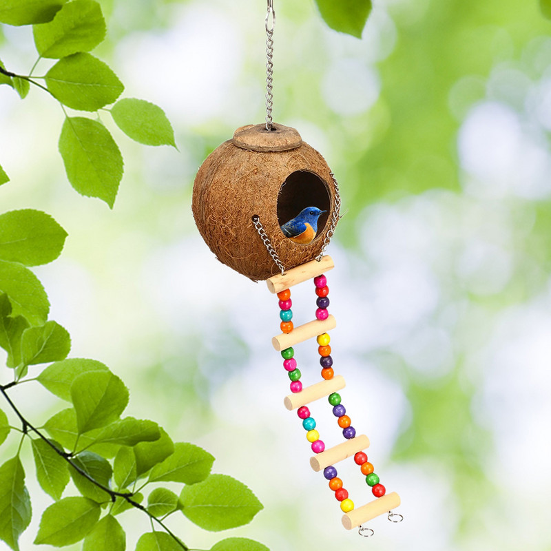 Cuib de păsări din piele de cocos Casă de păsări cu scară de cățărat Ascunzătoare naturală pentru papagal papagal păsări iubitoare porumbel canar pasăre de companie