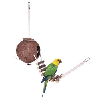 Φυσικό κέλυφος καρύδας Φωλιά παπαγάλου Parakeet Birds Feeder Pets Κλουβί παιχνιδιών με σκάλα Καφέ δέντρο σε σχήμα τρύπας πουλί κρεμαστό μενταγιόν