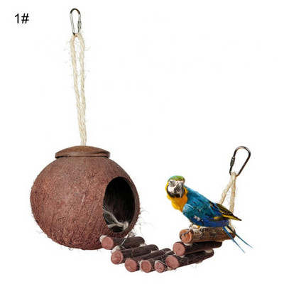 Φυσικό κέλυφος καρύδας Φωλιά παπαγάλου Parakeet Birds Feeder Pets Κλουβί παιχνιδιών με σκάλα Καφέ δέντρο σε σχήμα τρύπας πουλί κρεμαστό μενταγιόν