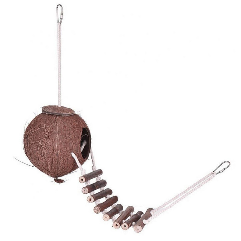Φυσικό κέλυφος καρύδας Φωλιά παπαγάλου Parakeet Birds Feeder Pets Κλουβί παιχνιδιών με σκάλα Καφέ δέντρο σε σχήμα τρύπας πουλί κρεμαστό μενταγιόν