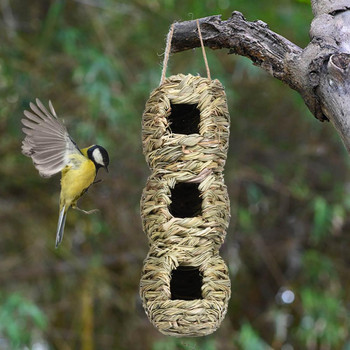 Κρεμαστό Grass Bird Hut with 3 Holes of Hand-woven Nest Aviary, Άνετο υπαίθριο βιότοπο για πτηνά Drop Shipping