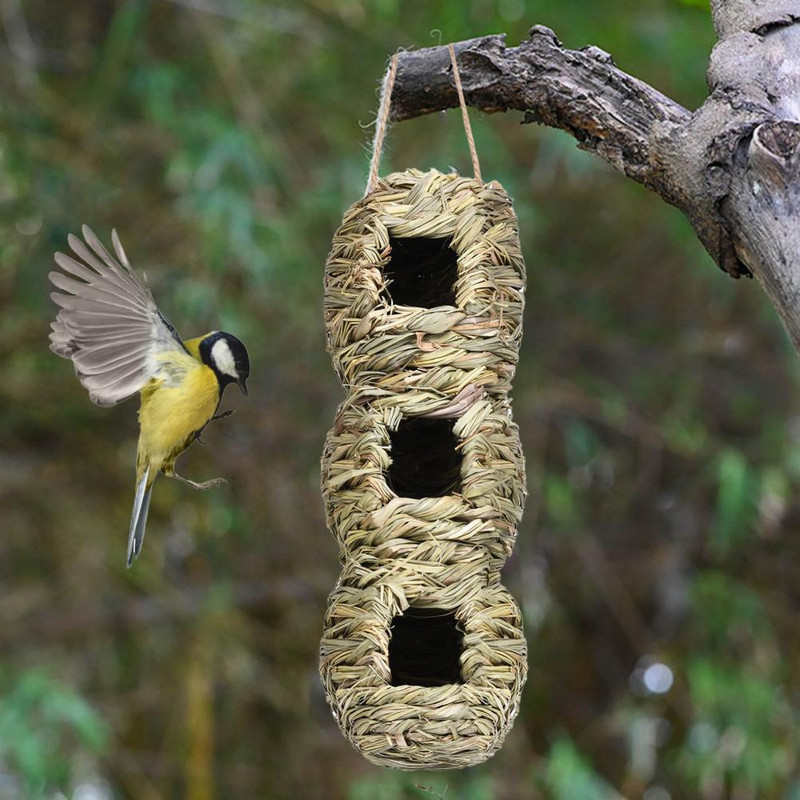Viseća travnata koliba za ptice s 3 rupe ručno pletenog gnijezda za ptice, udobno vanjsko stanište za ptice putem isporuka