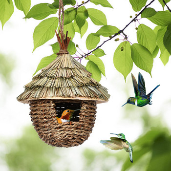 Ръчно тъкана къща за гнезда на колибри, естествена трева, окачена къща за птици, гнездо за градински двор, декоративна къща за колибри