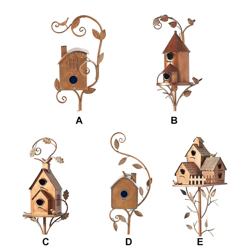 Izturīga putnu māja dāvanu dārza dekors ārā ar stabu pagalmu, pievilcīgs izsmalcināts metāla padevējs mājas iekšpagalma ornaments zāliens