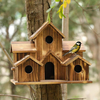 Дървена къщичка за птици Къщички за птици на открито Големи къщички за птици за отвън Висящи къщички за птици на дърво за открито Дизайн с 6 дупки