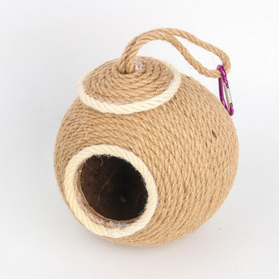 Cuib de reproducere agățat de păsări țesute manual, coajă de nucă de cocos, sfoară de iută, peșteră caldă pentru papagal, hamster, veveriță
