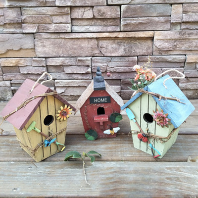 Дървена къща за птици Сватбена украса Клетка за птици Цветна картина Външна градина Висящи птици Хранилка за вила Екологични занаяти