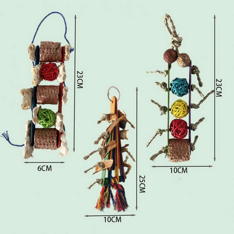 Putnu košļājamā rotaļlieta Dabīga koka zobu griešanai lopbarības iegūšanai bumbiņai piekarināma rotaļlieta Papagaiļa koduma rotaļlieta ķekatu ara papagaiļiem.
