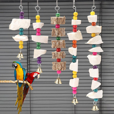 Bird Gnawing Toy Colorful Beads Crisp Bell Relieve Boredom Bite Resistant Grinding Stone Aid Digestion Parrot Toy for Pet Cage