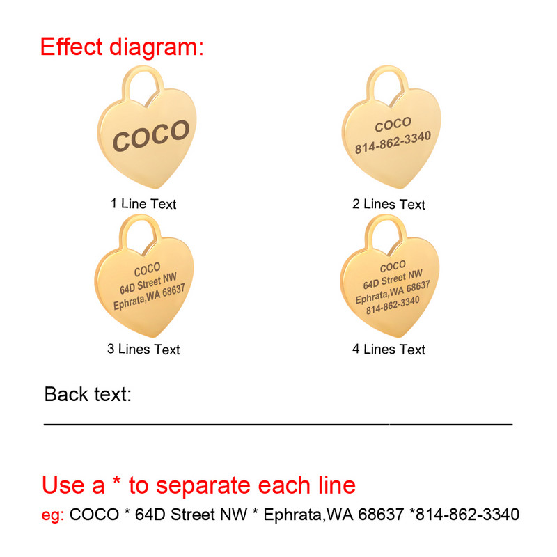 Prilagođena identifikacijska oznaka psa u obliku srca s ugraviranim malim srednjim velikim pločicom s imenom kućnog ljubimca od nehrđajućeg čelika Personalizirana modna zlatna oznaka za psa protiv gubitka