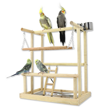 Ξύλινος παπαγάλος Playstand Bird Playground with Ladder Toys Pet Wood Perch Platform και Bird Feeder Cups Bird Life Activity Center
