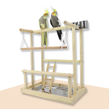 Дървена стойка за папагал Детска площадка за птици със стълба Играчки Платформа за дървени костури за домашни любимци и чаши за хранилка за птици Център за дейности за птици