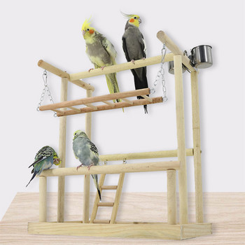 Дървена стойка за папагал Детска площадка за птици със стълба Играчки Платформа за дървени костури за домашни любимци и чаши за хранилка за птици Център за дейности за птици