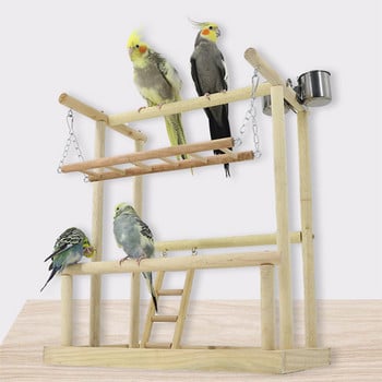 Ξύλινος παπαγάλος Playstand Bird Playground with Ladder Toys Pet Wood Perch Platform και Bird Feeder Cups Bird Life Activity Center