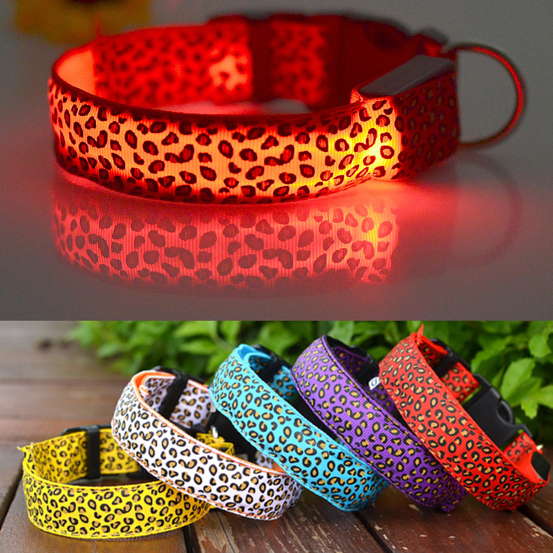 Guler de câine cu leopard, LED, luminoasă, reglabilă, strălucitoare, pentru câini, pentru animale de companie, guler din nailon, cu LED-uri strălucitoare.