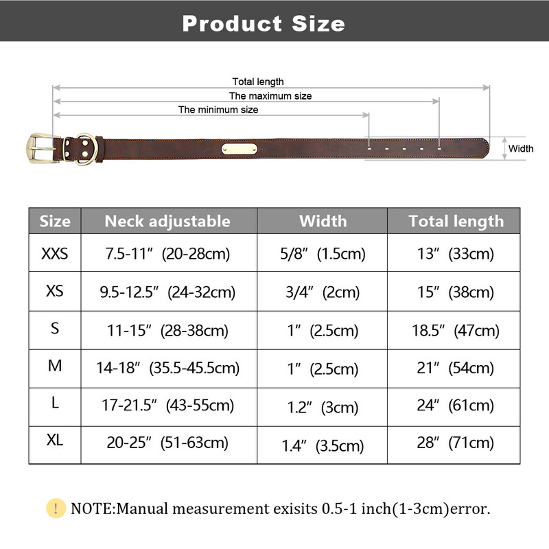 Guler de câine din piele naturală Guler personalizat de identificare pentru animale de companie Etichetă gravată personalizată pentru câini mici și mari Pitbull Ciobănesc German XXS-XL