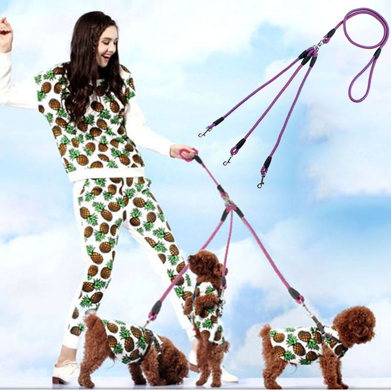 Lesă de cuplare pentru câini cu 3 căi, fără despărțitor de încurcături Lesă triplă de câine pentru plimbare, alergare, trei câini de talie mică, pisici, cățeluș, frânghie de tracțiune 3 în 1