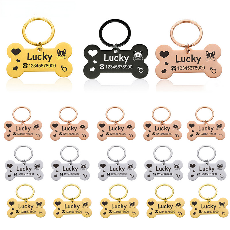 Graveeritud lemmiklooma ID-sildid Kohandatud metallist luust kaelarihm kassi vaikse märgi jaoks Isikupärastatud kaelarihm nimesildiga Koerte kadumisevastased tarvikud