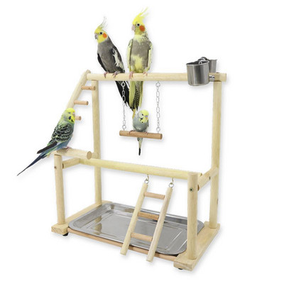 Parrot Playstands with Cup Bird Toy Tray Bird Swing Climbing Hanging Ladder Bridge Wood Cockatiel Playground Parrot Bird Perches