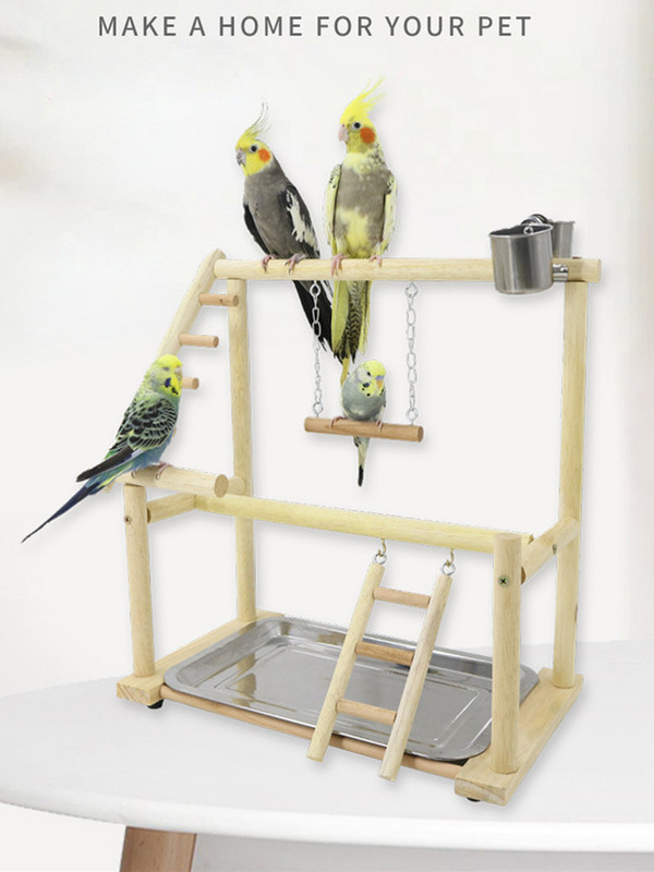 Papagaiļu rotaļu statīvi ar kausu putnu rotaļlietu paplāti putnu šūpoles, kāpšana piekarināmām kāpnēm, tilta koka kaktiņu rotaļu laukums papagaiļu putnu laktas