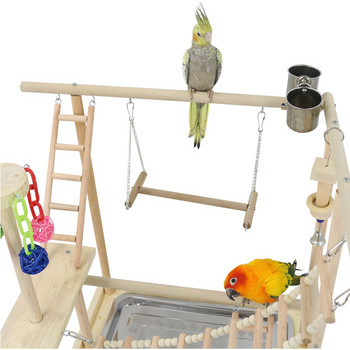 Pet Parrots Παίζει Stand Perch with Ladder Bird Feeder Παιχνίδια Ξύλινη παιδική χαρά Παπαγάλοι Feeding Cup Swing Κρεμαστό πλαίσιο αναρρίχησης