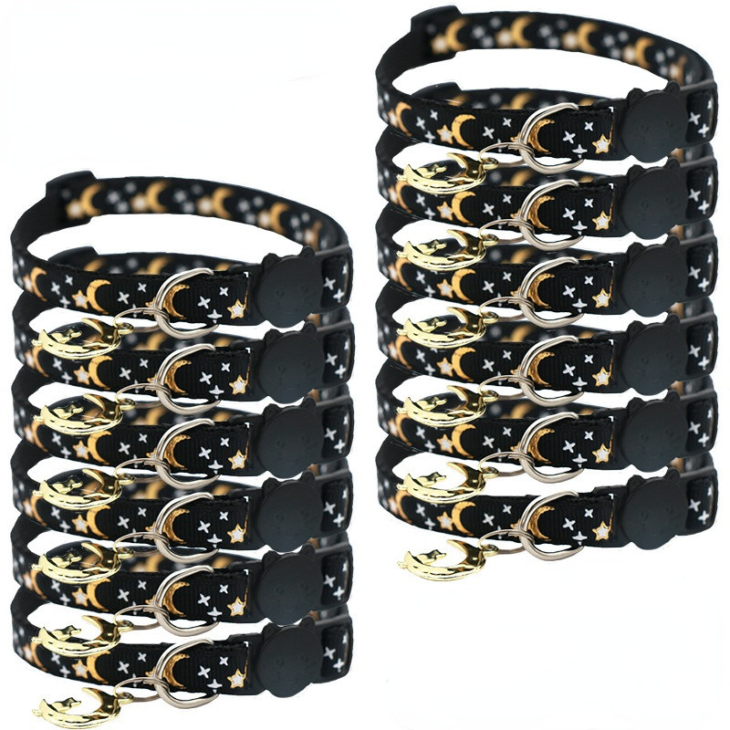 Colier cu stea pentru ștanțare la cald pentru animale de companie, pisică, câine, închizătoare de siguranță, guler reflectorizant, colier negru pentru cățeluș cu pandantiv de lună, accesorii pentru câini