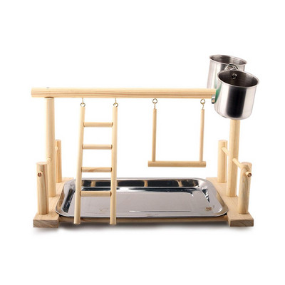 Papagaiļa rotaļu statīvs Putnu rotaļu statnis Cockatiel Putnu rotaļu laukums Koka asari sporta zāle Manēžas kāpnes ar barošanas krūzēm Putnu rotaļlieta papagaiļiem