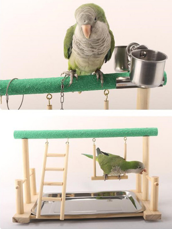 Papagaiļa rotaļu statīvs Putnu rotaļu statnis Cockatiel Putnu rotaļu laukums Koka asari sporta zāle Manēžas kāpnes ar barošanas krūzēm Putnu rotaļlieta papagaiļiem
