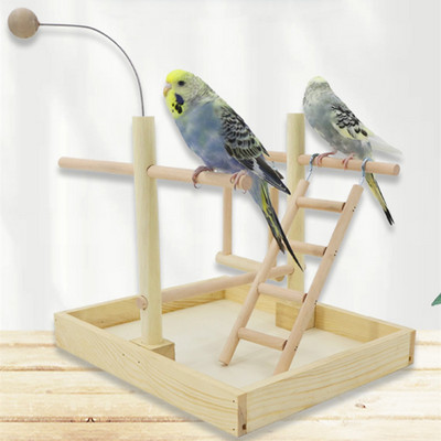 Wooden Bird Perch Stand with Feeder Cups Parrot Platform Playground Exercise Gym Playstand Ladder Interactive Bird Toys Training