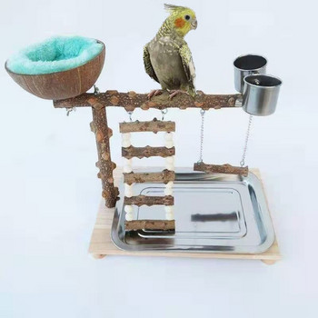 Παιδική χαρά παπαγάλου με δίσκο πουλί Ξύλινη βάση για πέρκα με κύπελλα τροφοδοσίας από ανοξείδωτο ατσάλι Κέλυφος καρύδας κλουβί σκάλα πουλιών Κούνια παιχνίδι πουλιών