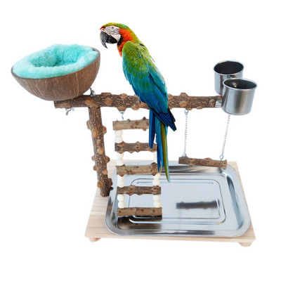 Parrot Playground With Tray Bird Wood Perch Stand With Stainless Steel Feeder Cups Coconut Shell Bird Cage Ladder Swing Bird Toy
