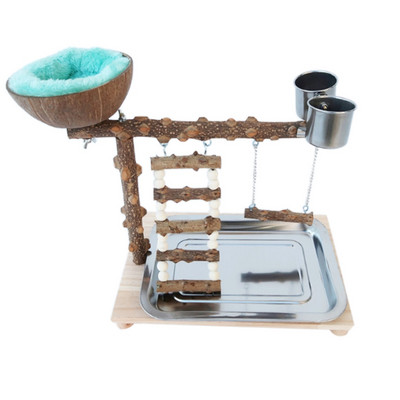 Loc de joacă pentru papagali, cu tavă, suport de biban din lemn pentru păsări, cu căni de hrănire din oțel inoxidabil, cochilie de nucă de cocos, cușcă pentru păsări, leagăn, jucărie pentru păsări