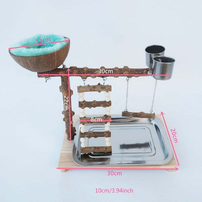 Loc de joacă pentru papagali, cu tavă, suport de biban din lemn pentru păsări, cu căni de hrănire din oțel inoxidabil, cochilie de nucă de cocos, cușcă pentru păsări, leagăn, jucărie pentru păsări