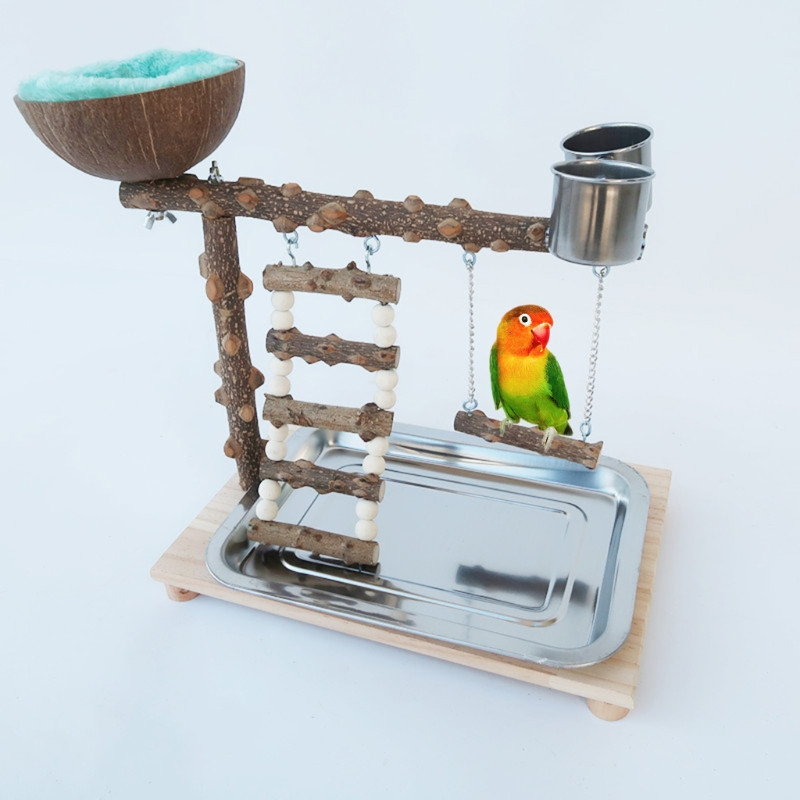 Loc de joacă pentru papagali, cu tavă, suport de biban din lemn pentru păsări, cu căni de hrănire din oțel inoxidabil, cochilie de nucă de cocos, cușcă pentru păsări, leagăn, jucărie pentru păsări
