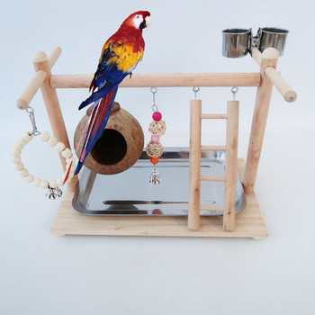 Πουλιά Παιδική χαρά παπαγάλος Παιχνίδι Ξύλο Πέρκα Γυμναστήριο Καρύδας Κέλυφος Πουλιών Κλουβί Σκάλα Άσκησης Παιχνίδι Πουλί με Κύπελλα Σίτισης για Conure Lovebird